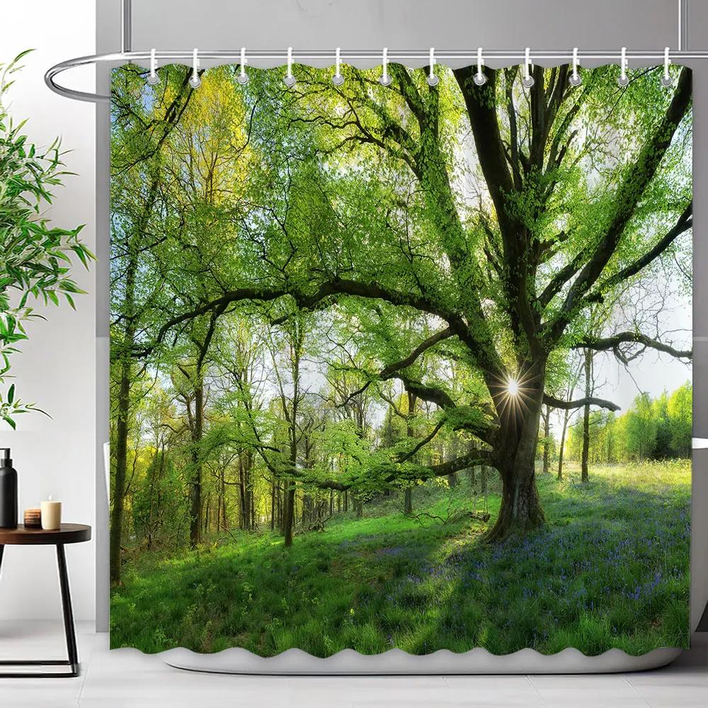 Outdoor Scenic Forest Waterfall Shower Curtain Tropical Jungle Plants Green Leaves Natural Landscape Fabric Shower Curtain Decor