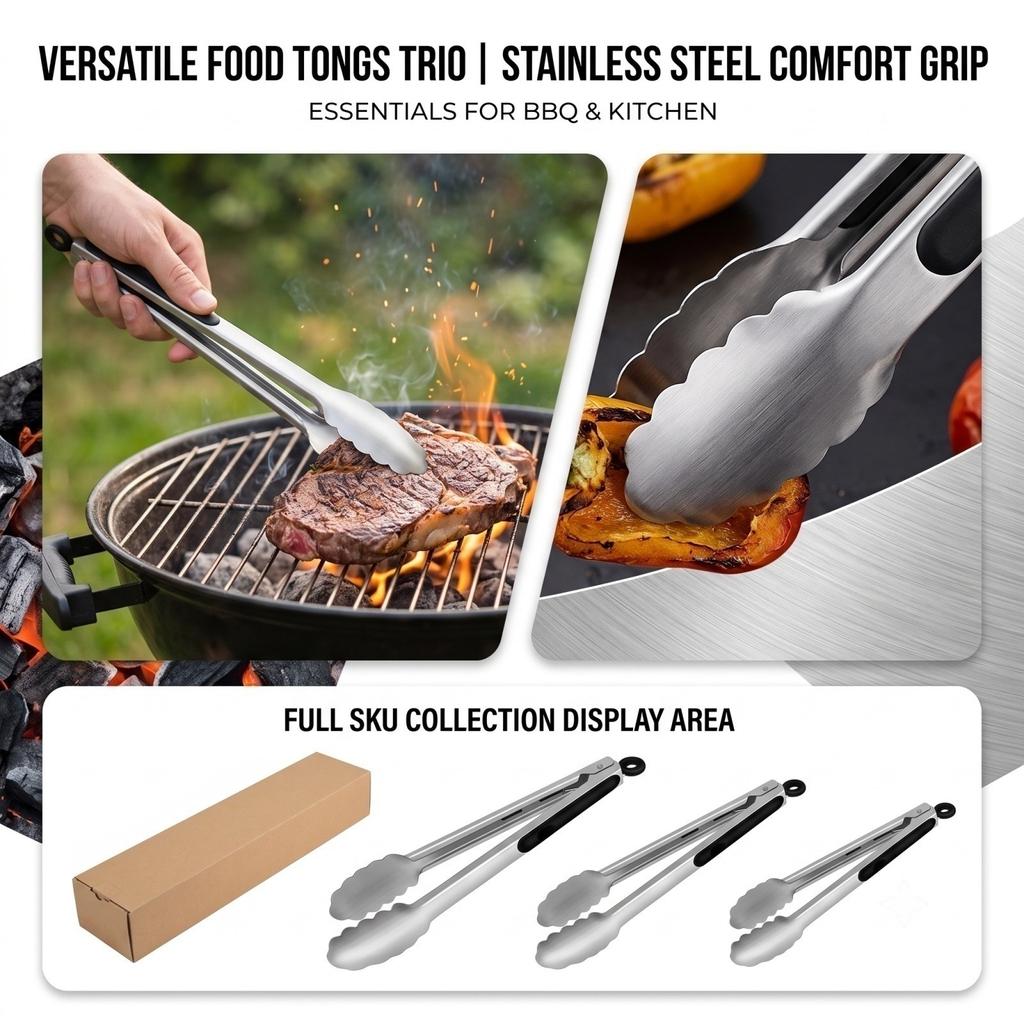 Stainless Food Tongs - Heat Kitchen Tongs for BBQ Grilling, Cooking and Serving
