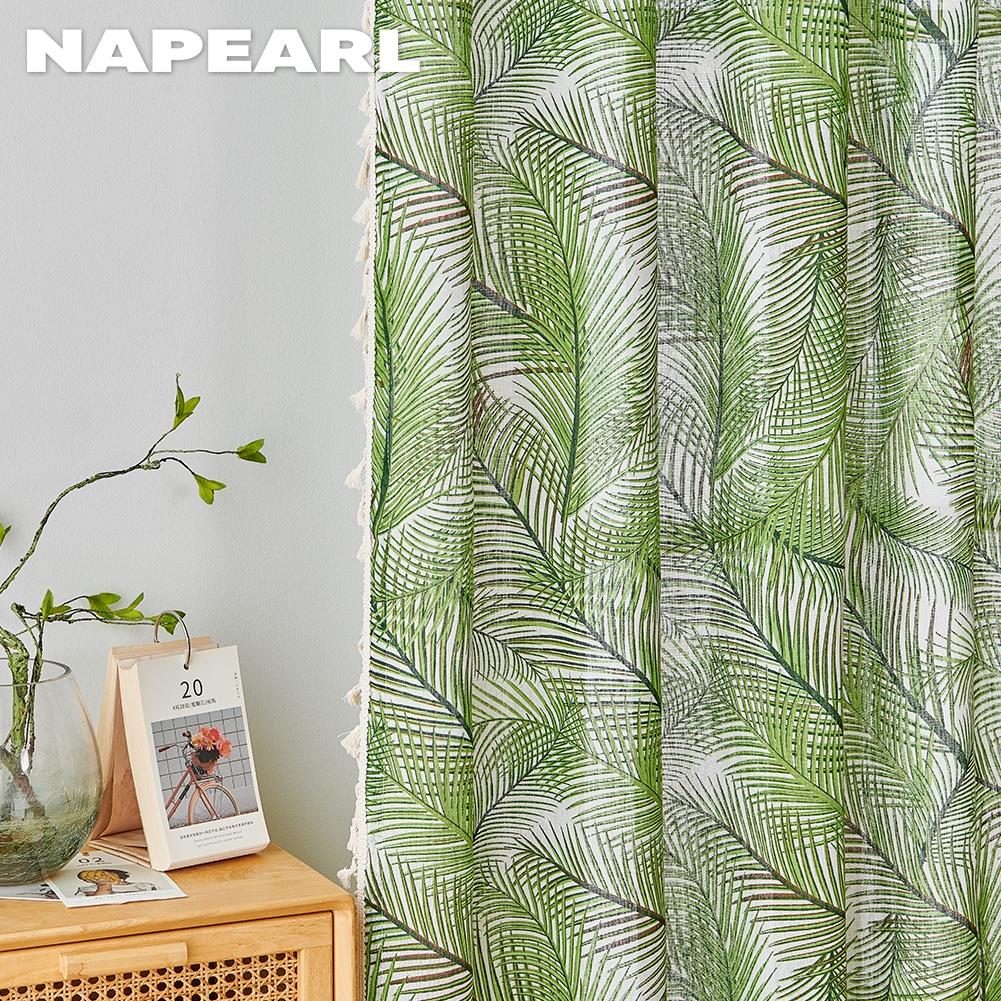 1 ADET NAPEARL Yarı Karartma Tropikal Stil Yeşil Bitki Baskılı Küçük Taze Saçaklı Perdeler Pencereler Balkon Yatak Odası Oturma Odası Ev Dekoru