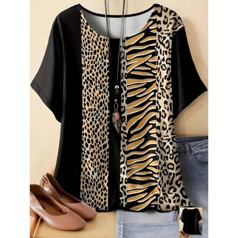 Fashion Women's Crew Neck T-shirt 3D Color Printing Crew Neck Short Sleeve Simple and Versatile