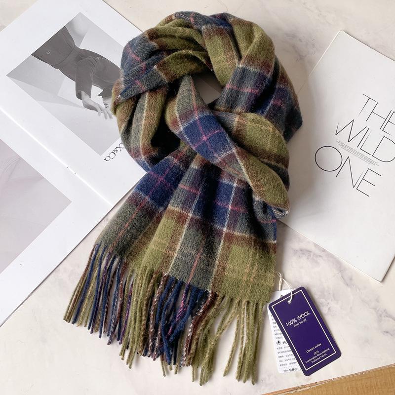 Green Pure Wool Plaid Thickened Warm Scarf Men's and Women's New Winter Couple Scarf Advanced Sense