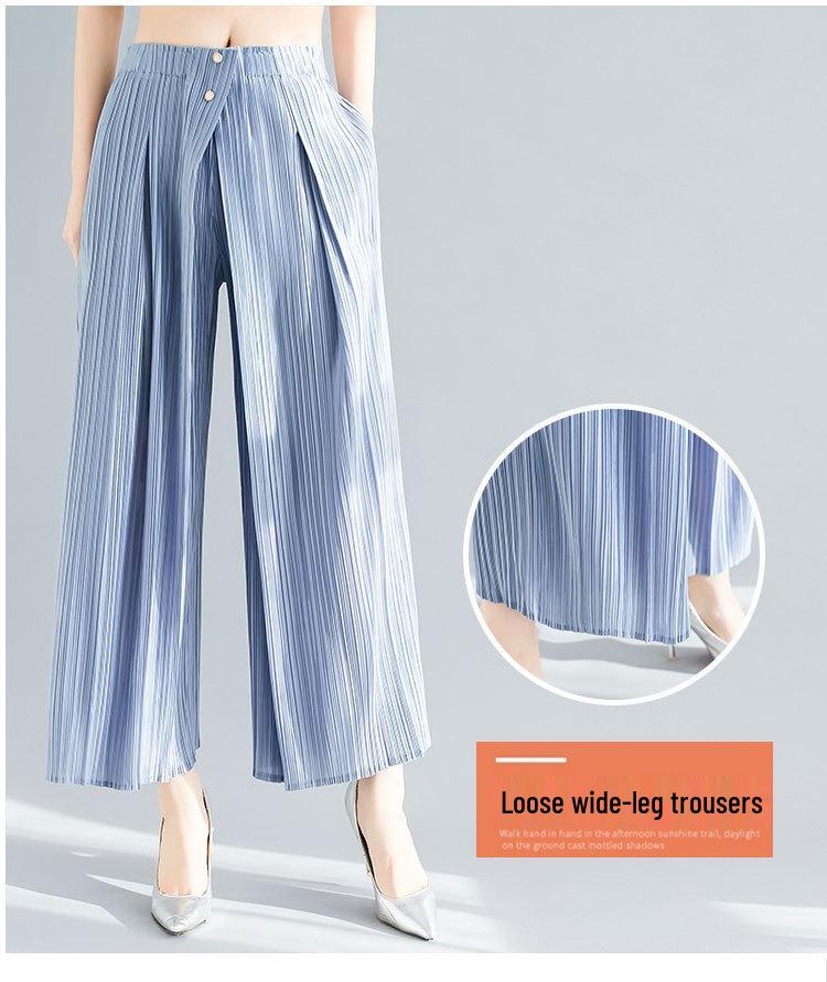 Summer 2024 Women's Black High-Waisted Wide-Leg Pleated Pants: Versatile, Slimming, Loose Fit, Plus Size, Casual Nine-Point Length.
