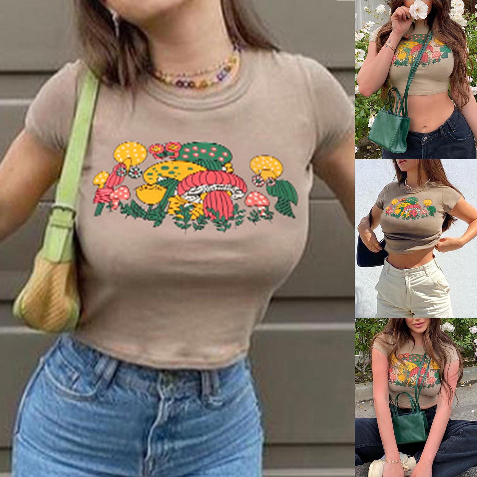 

Модный женский сексуальный топ, базовый топ с круглым вырезом и принтом, приталенная укороченная футболка, топ с короткими рукавами