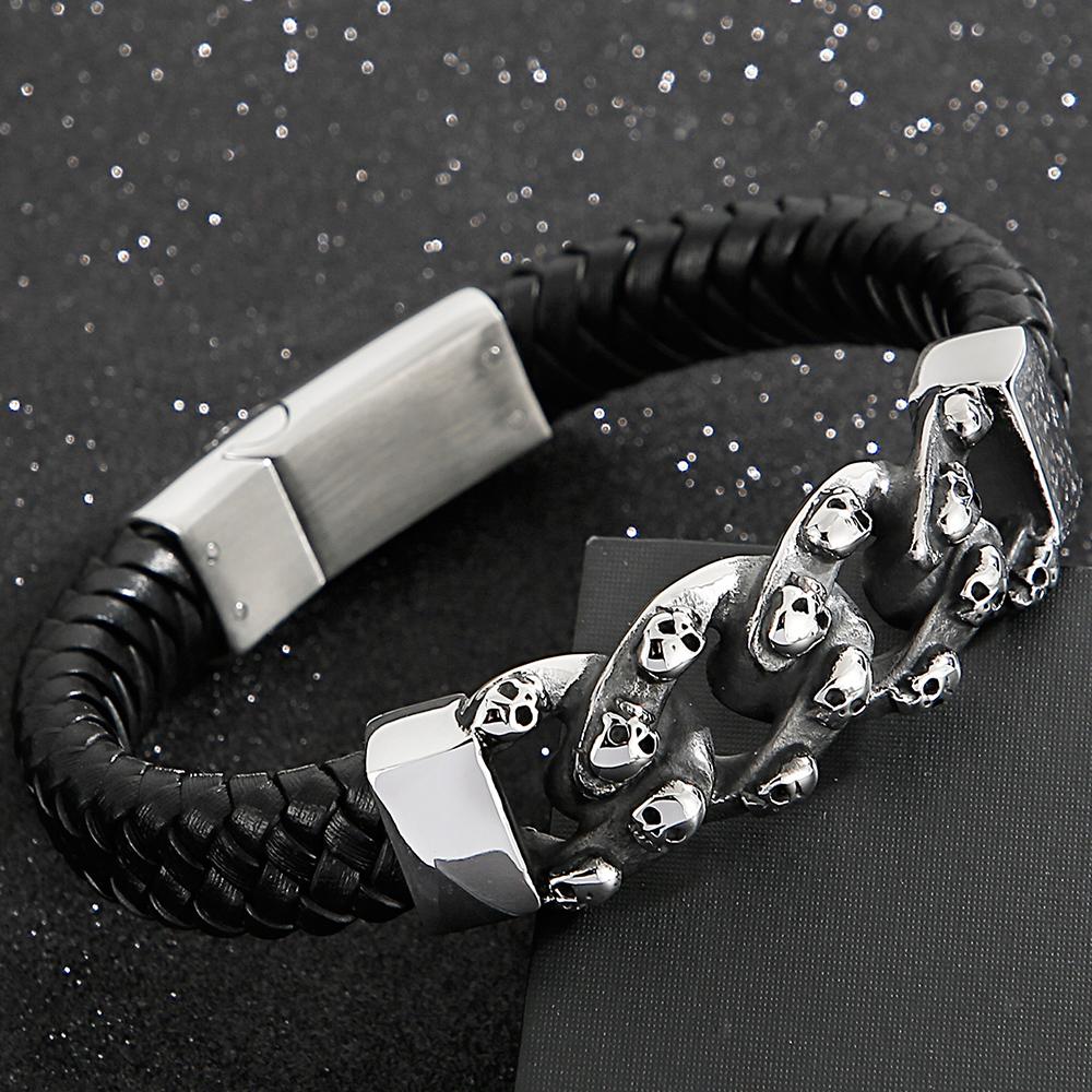 Punk 316L Stainless Steel Skull Bracelet for Men Vintage Men's Braided Leather Rope Chain Wrap Bracelets Massive Male Jewelry