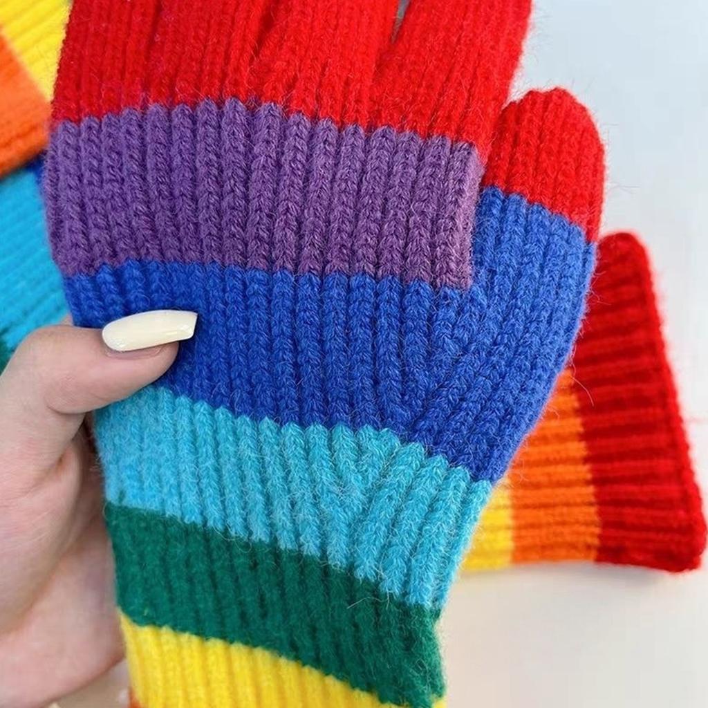 Rainbow Color Striped Knitted Gloves Winter Full Finger Mitten Thicken Warm Christmas Harajuku Gloves for Girlfriend