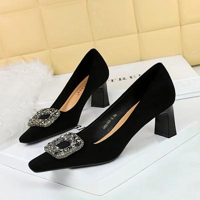 6186-K83 European and American Banquet Women's Shoes Versatile High Heels Thick Heel High Heel Suede Square Head Metal Rhinestone Buckle Single Shoes