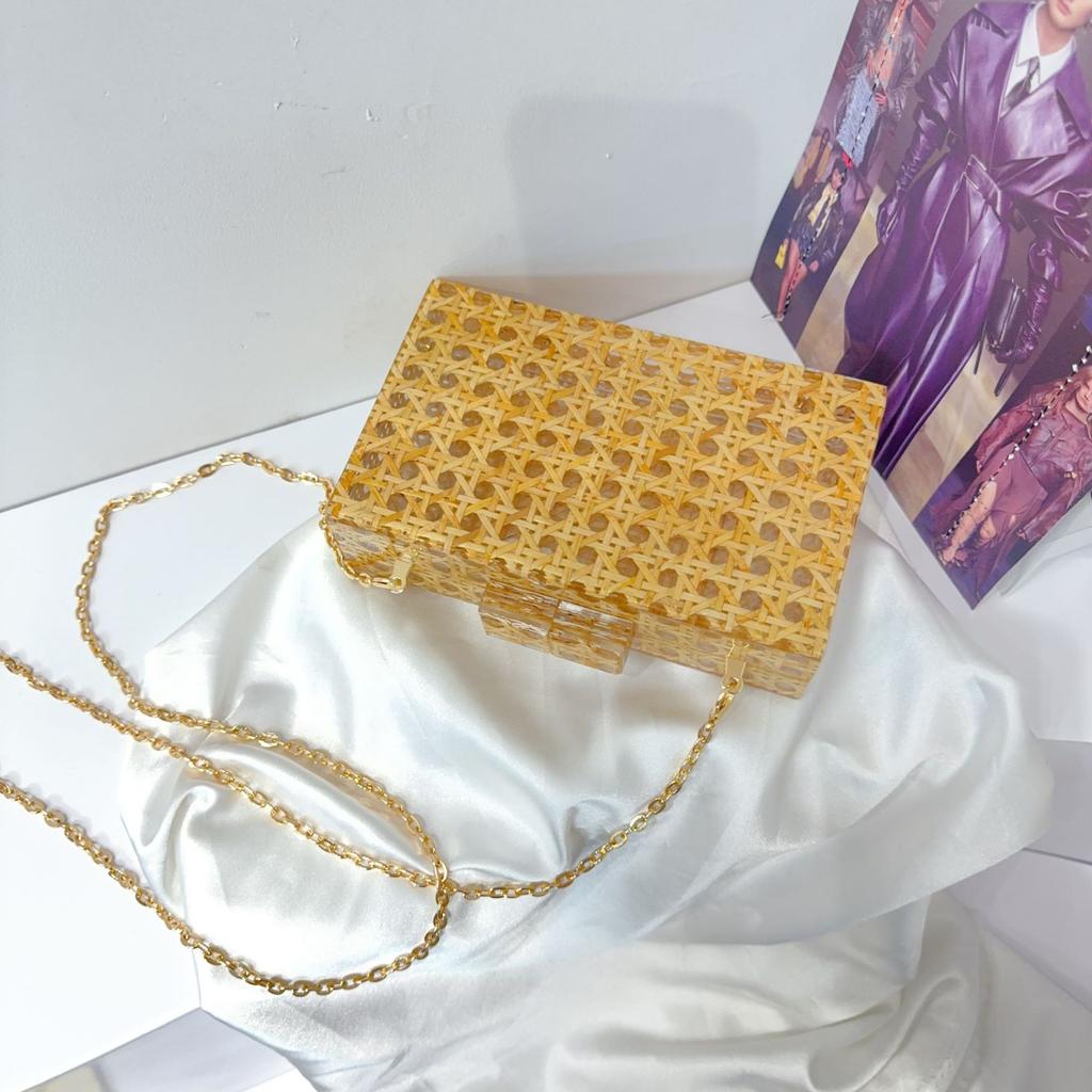 Vintage Dinner Clutch Bag Rattan Acrylic Bag Shoulder Bag Chain Messenger Women'S Bag