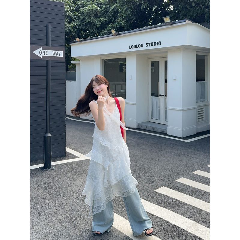 

Kumikumi Design Sense Lace Stitching Sling One piece Dress Women clothing Summer Temperament Slimming Irregular Midi dress White L