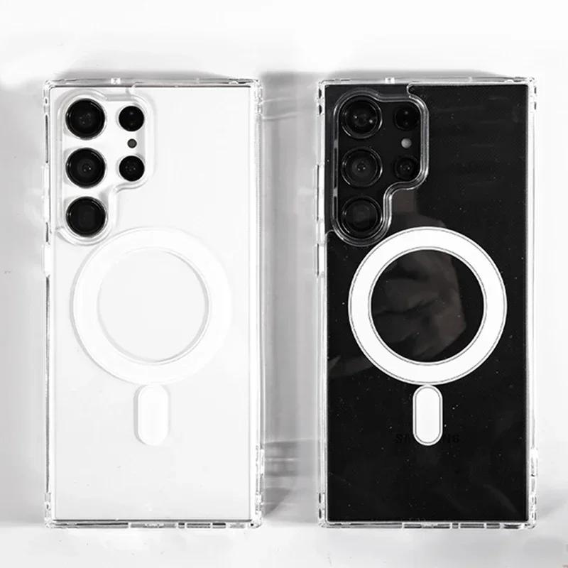 Magnetyczne Etui Pokrowiec MagSafe dla Samsung Galaxy S24 S23 S21 S20 Plus S22 Ultra Przezroczyste Cienkie Odporne na Wstrząsy Przezroczyste Pokrowce Fundas