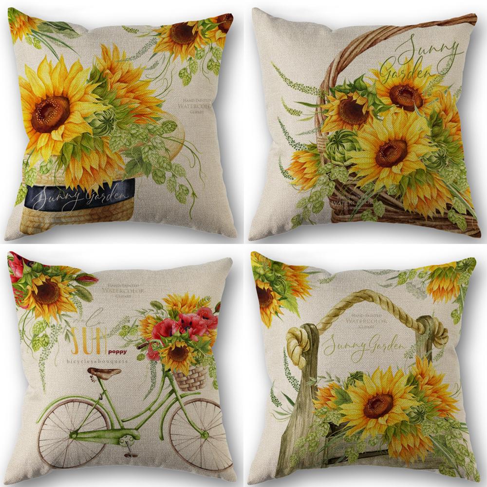 4Pcs,Linen Blend Throw Pillowcase Decorative Yellow Sunflower Flower Baskets,Fresh Flowers Bicycles Printed Autumn Pillowcover
