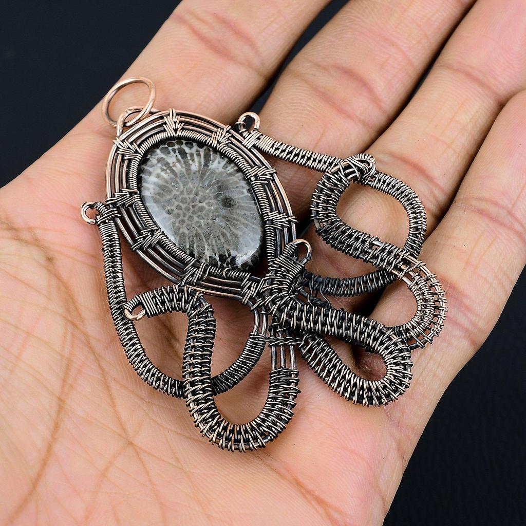 Stingray Coral Pendant, 999 Copper Wire Wrapped Gemstone Jewelry, Handmade Pendant, For Mother Day