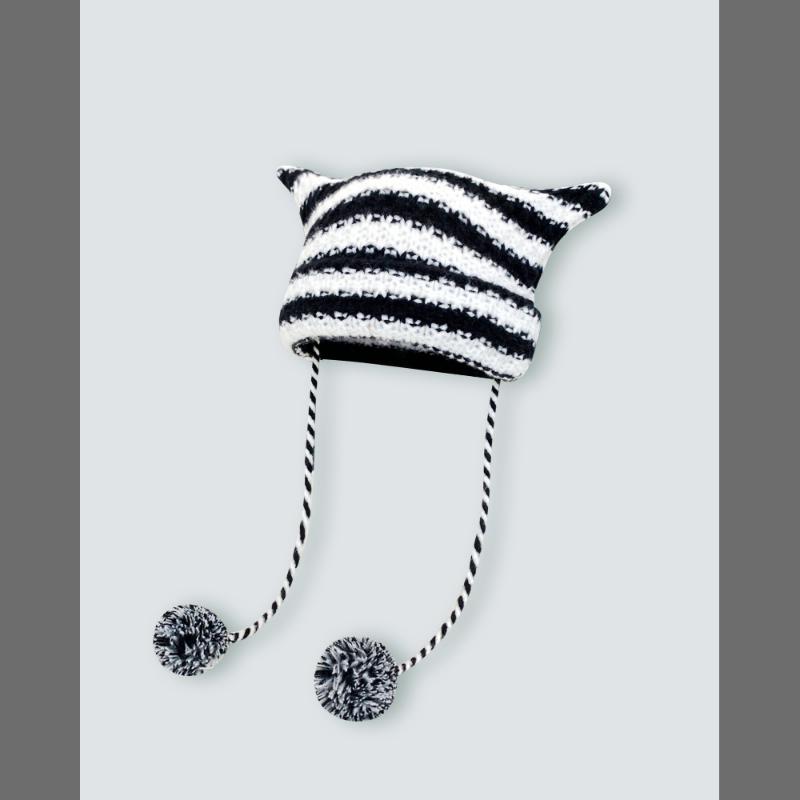 Nowa japońska czapka beanie Ins Mały Diabeł Pasiasta Dzianinowa Wełniana Czapka Jesień Zima Ciepła Urocza Uszy Kota Szpiczasta Pulower Damskie Czapki