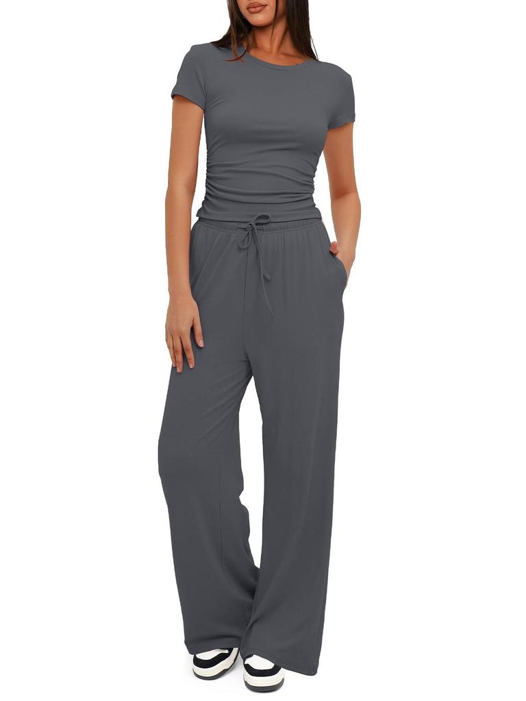 2024 Solid Color Casual Set: Ruffle Sleeve Top & High Waist Wide-Leg Pants Sportswear