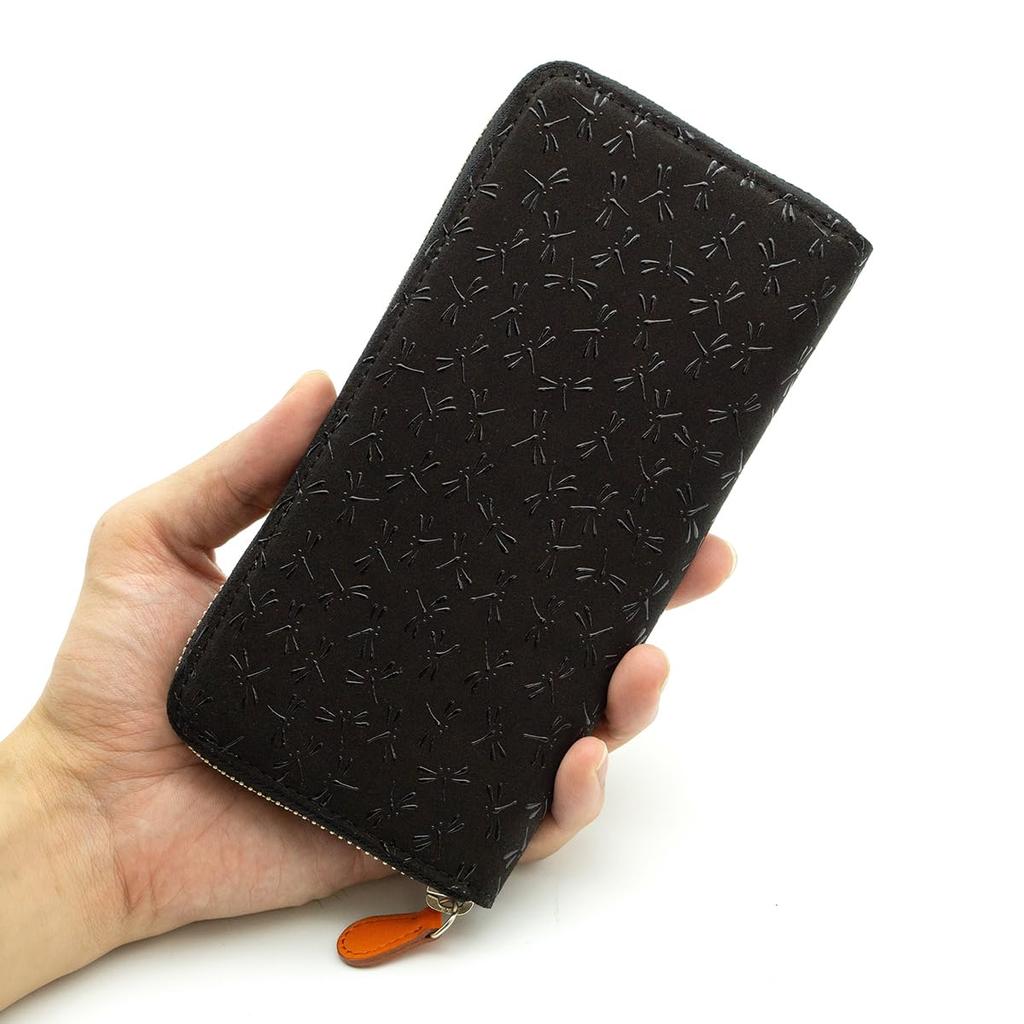 [Inden-ya] Inden HISOCA Hisoka Traditional Craft Koshu Inden Deerskin Lacquer Original Brand Wallet Black with Black Lacquer Dragonfly Design