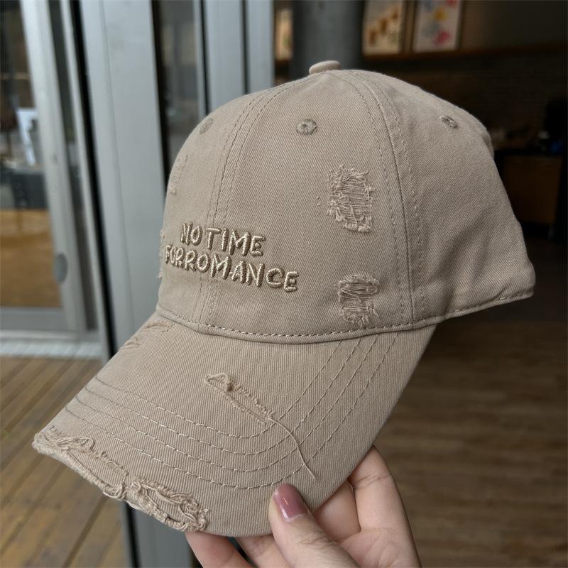 Ripped Baseball Cap Women's Letter Embroidery Wash Cotton Baseball Cap Showing Small Larger and Widened Brim Soft Top Sun Hat