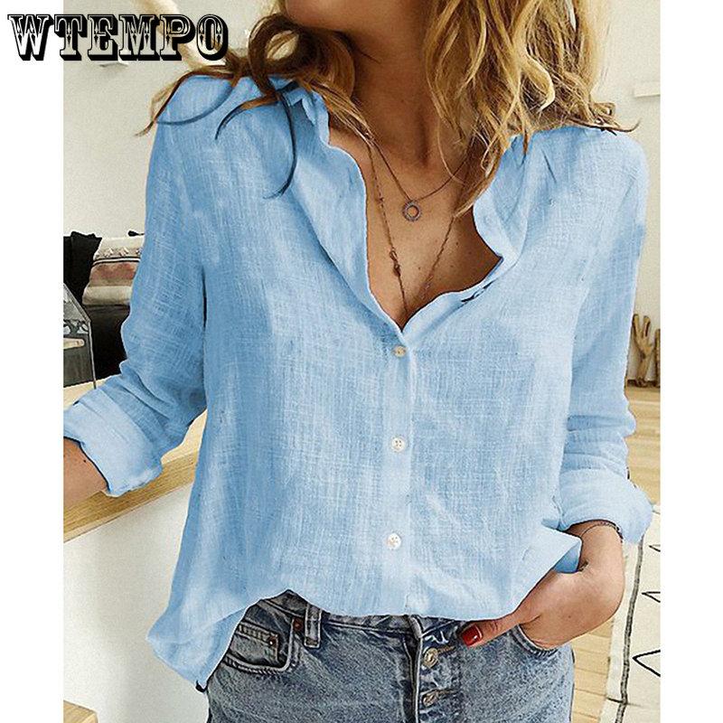 WTEMPO Office Ladies Solid Turn-down Collar T-Shirts Women Spring Long Sleeve Casual Loose Cheap Button Linen Shirts