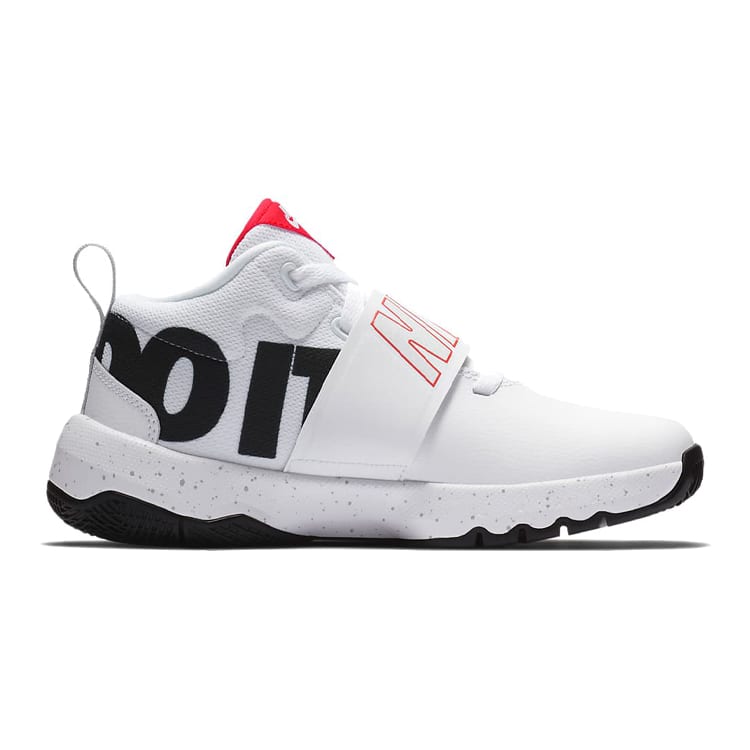 Nike Team Hustle D 8 JDI Fabric Slip Resistant Cushioning Abrasion Resistant Mid Top Basketball Shoes White Black Red AQ9977-100