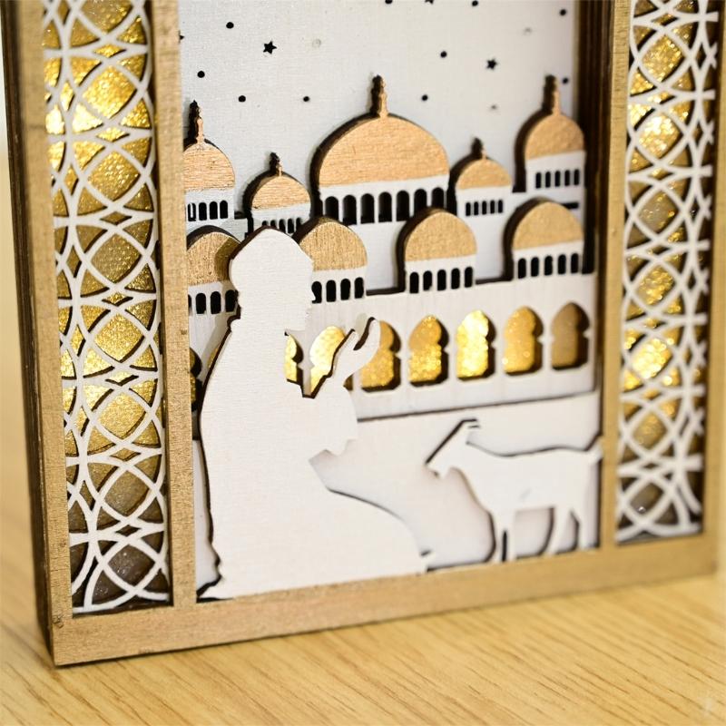 EID Wooden Pendant with LED Light Ornament Islamic Festival Supplies DIY Craft Perfect for Ramazan Home Party Decoration