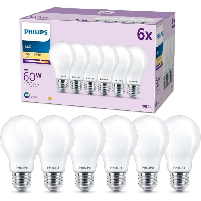 Pack de 6 ampoules led - philips - e27 - 60w - blanc chaud - verre