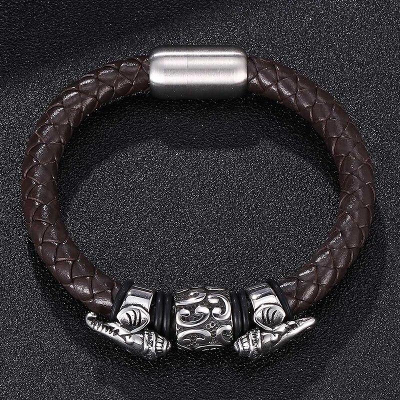 Punk Men Brown Genuine Leather Bracelet Stainless Steel Elephant Beads Rope Bracelets Bangles For Men Bangles