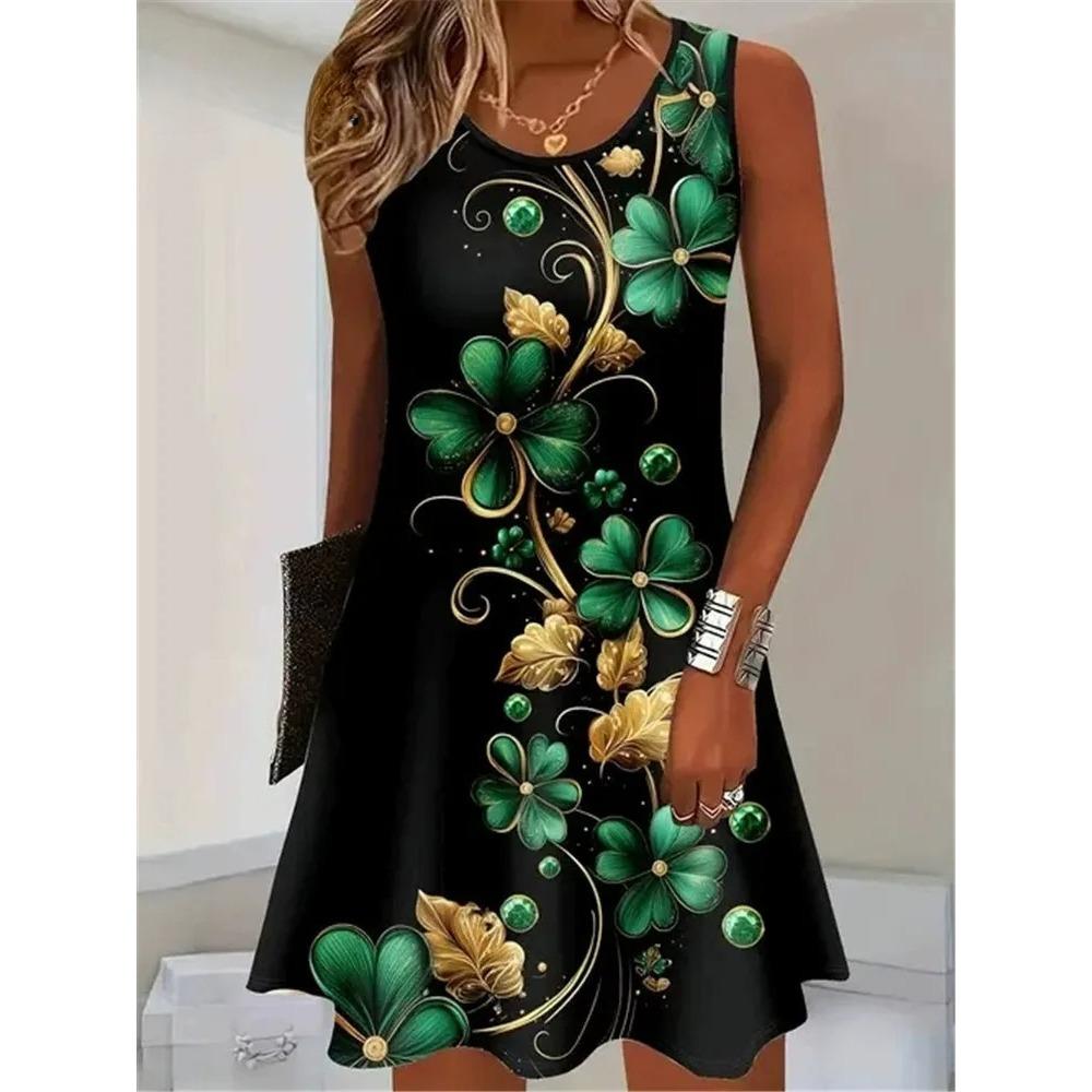 Red Rose Flower Print Dress Summer Women Fashion Sleeveless Loose Mini Dress Casual O-Neck Pocketless Plus Size Dresses