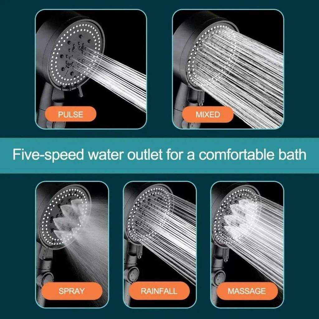 Black Eco Shower Head with 5 Adjustable Modes, High Pressure, Water Saving, and One-Key Stop Water Massage