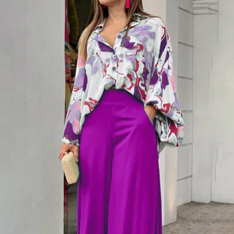 Elegant European & American Women's Printed Shirt & Wide-Leg Pants Set
