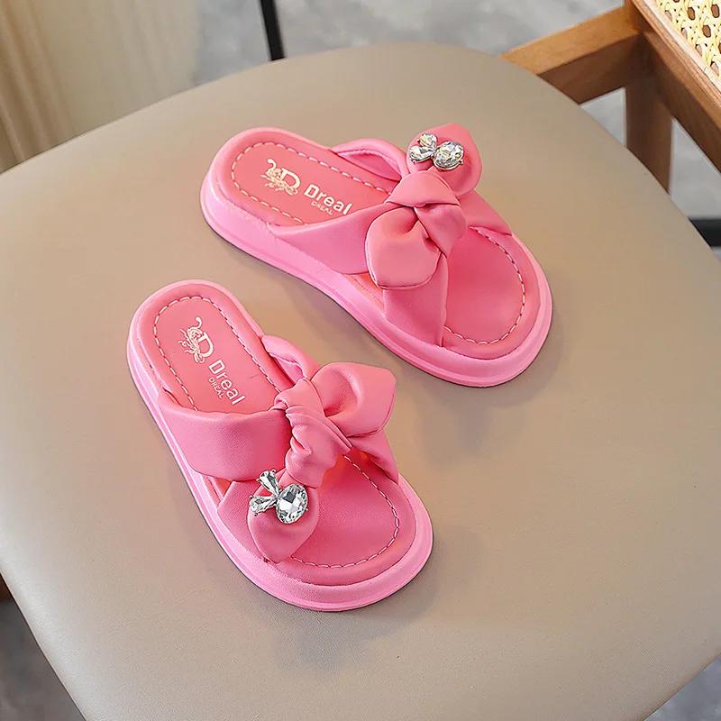 Summer Children's Slippers for Home Fashion Kid's House Slippers Fashion Rhinestone Bowknot Girls Princess Flip-flops Open-toe
