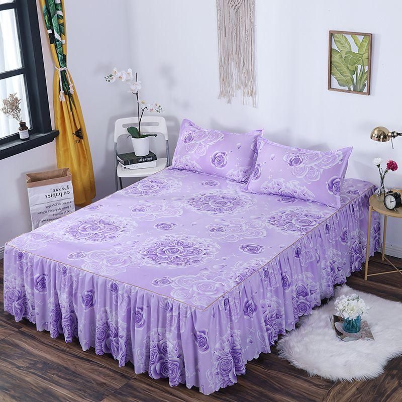 3PCS Bed Skirt Flower Printed Fitted Sheet Cover Home Graceful Bedspread Bed Linens Bedroom Decor Mattress Cover Pillowcase