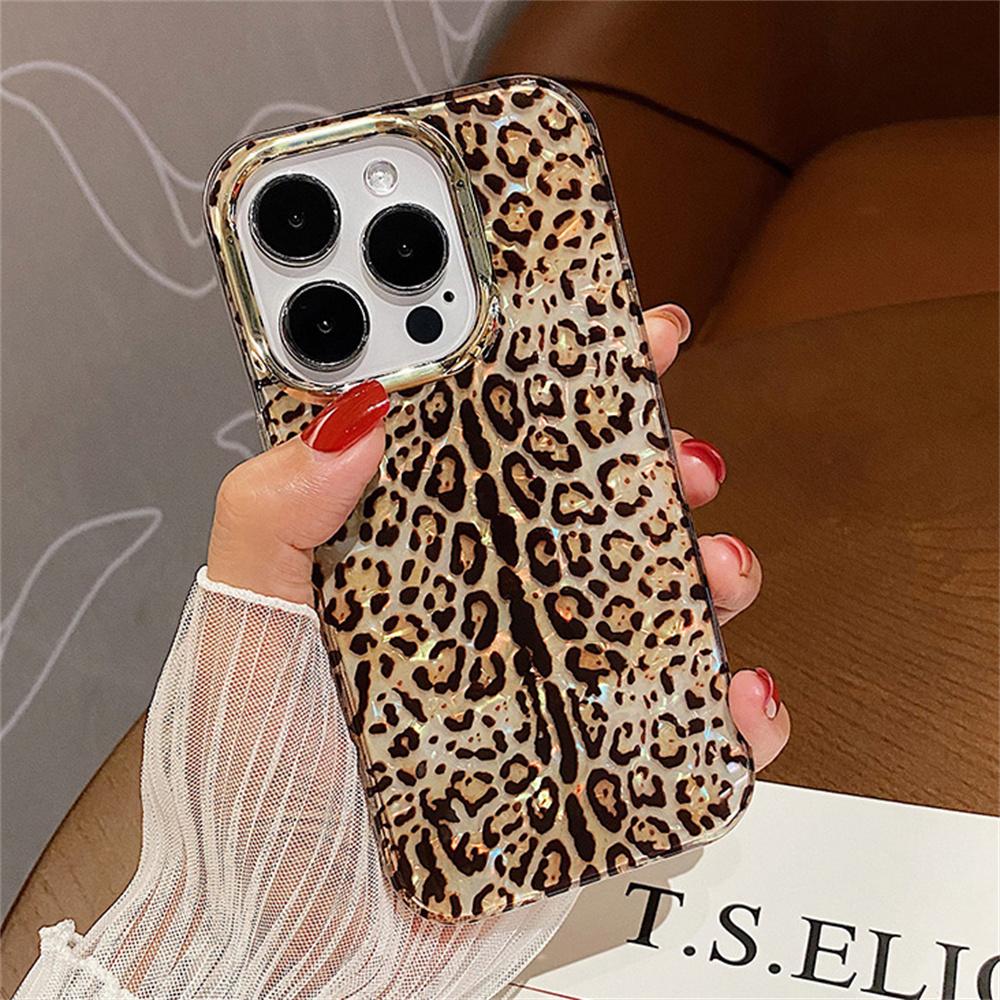 Luxury Leopard Aurora Shell Pattern Case For iPhone 16 15 14 13 12 11 Pro Max Plus Plating Camera Protection Shiny Cool Cover