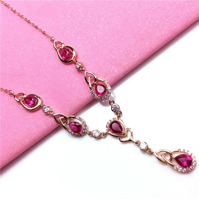 585 Purple Gold Plated 14K Rose Inlaid Water Drop Ruby Pendant New In Chain Necklace Luxury Wedding Fashion Dinner Jewelry Gift