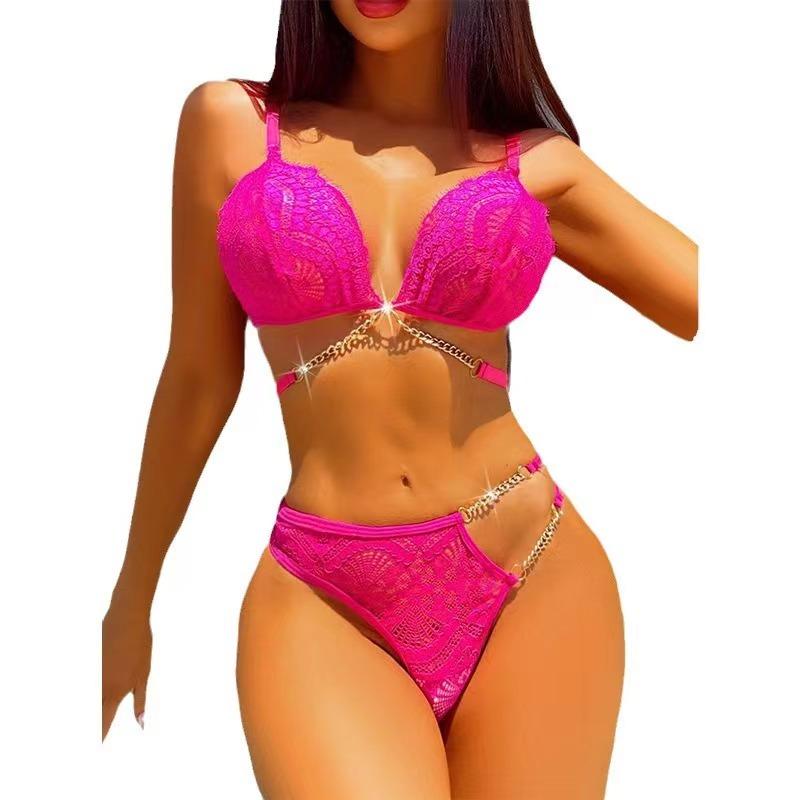 Sexy Metal Chain Temptation See-through Lace Women Lingerie Bra and Panty Female Underwear Set