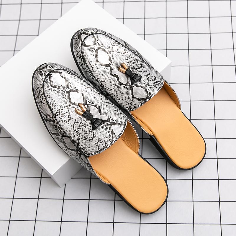 Fashion Men's Summer Snake Print Large Size Loafers Slip-On Mule Shoes Breathable Casual Leather Sandals Comfortable Flats Slippers