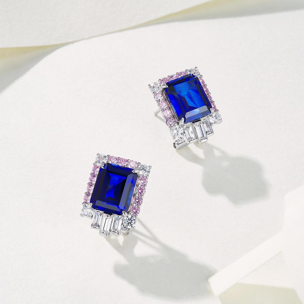 Zhou Hengfu S925 Sterling Silver Rectangular Sapphire Earrings for Women - Elegant Light Luxury Fashion.