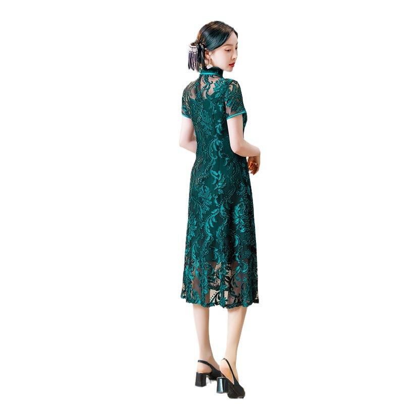 1011 ilkbahar ve yaz siyah dantel cheongsam genç seksi moda orta ve uzun mizaç geliştirilmiş zarif elbise