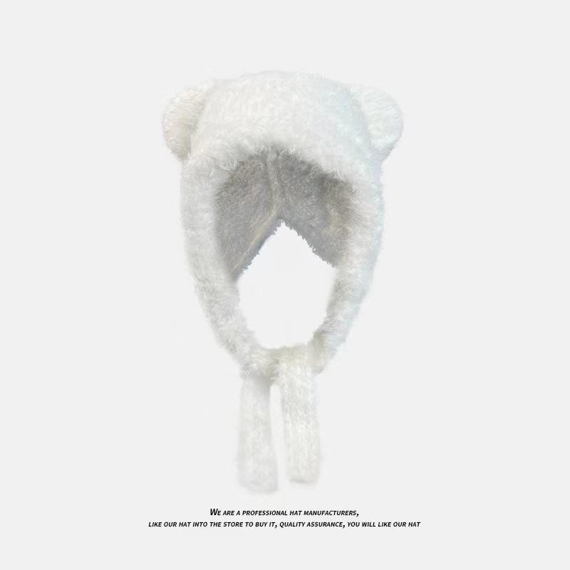 Korean Style Bear Ear Winter Hat, Cute Plush Knit Cap with Ear Flaps, Thermal Fuzzy Beanie for Women, Animal Themed Cold Weather Cap