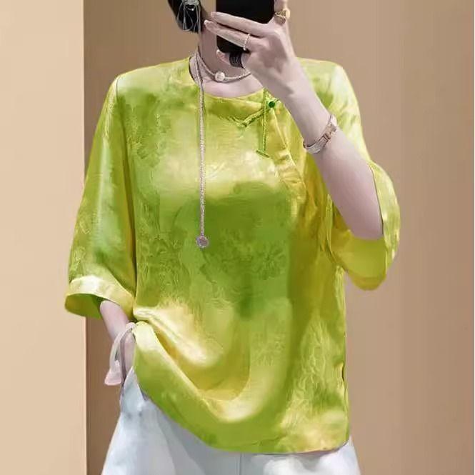 Chinese jacquard shirt new women's summer retro oblique placket round neck seven-point top temperament shirt versatile