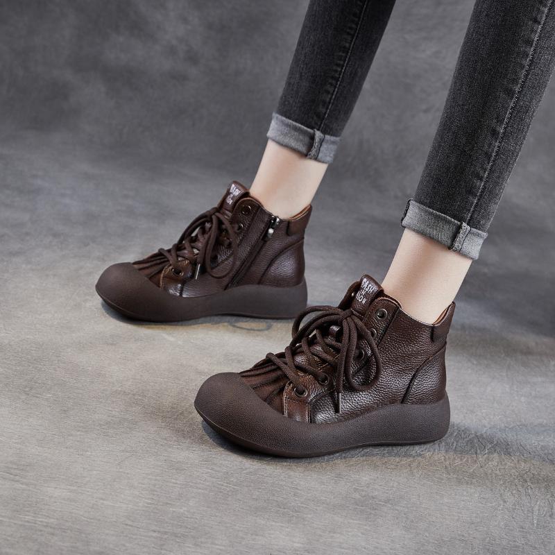 Fashion 2025 Autumn and Winter New 4cm Handmade Genuine Leather Women's Shoes Retro Flat Versatile Soft Cowhide Lace Up Short Boots