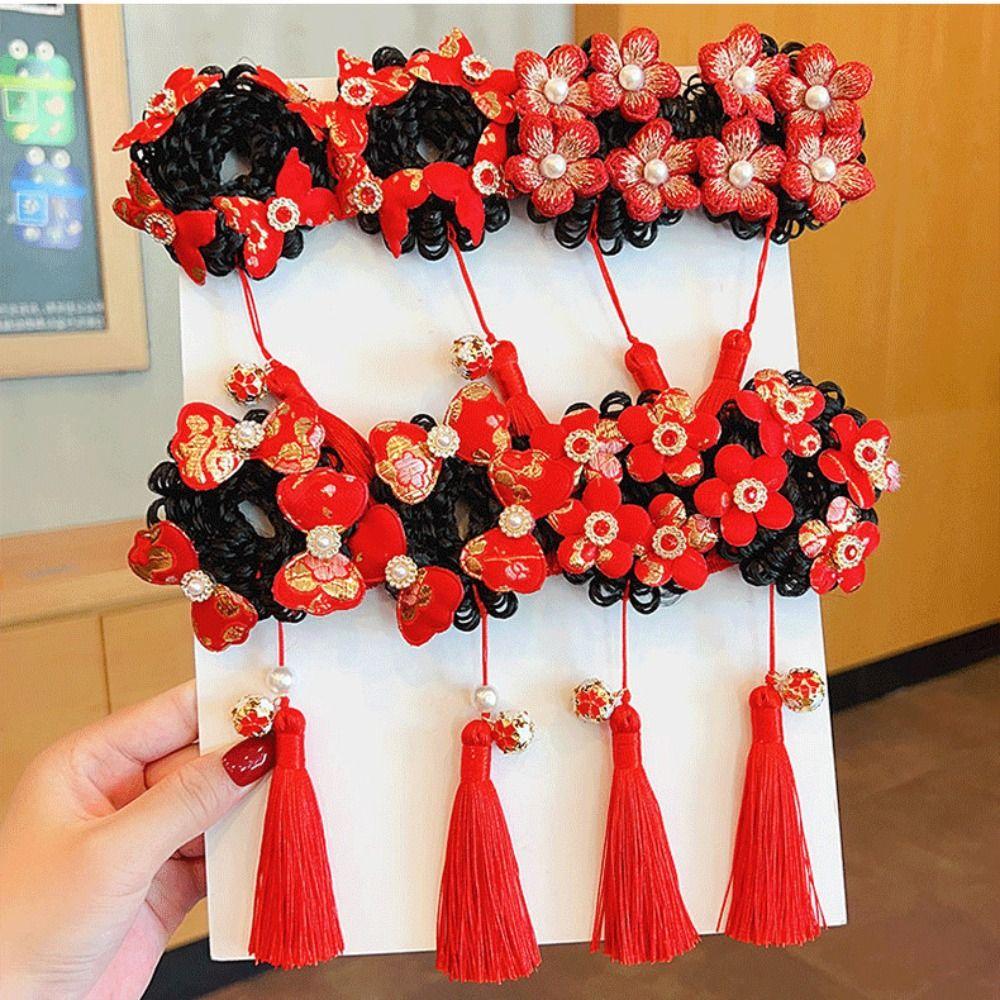 Tassel Bow Wig Braid Hair Rope Flower Ancient Style Scrunchines Chinese New Year Headwear Children