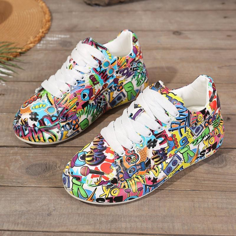 2025 New Arrival Oversized Sneakers with Colorful Letter Prints, Thick Soles, Lace-Up Round Toe, Sporty Style Women's Shoes