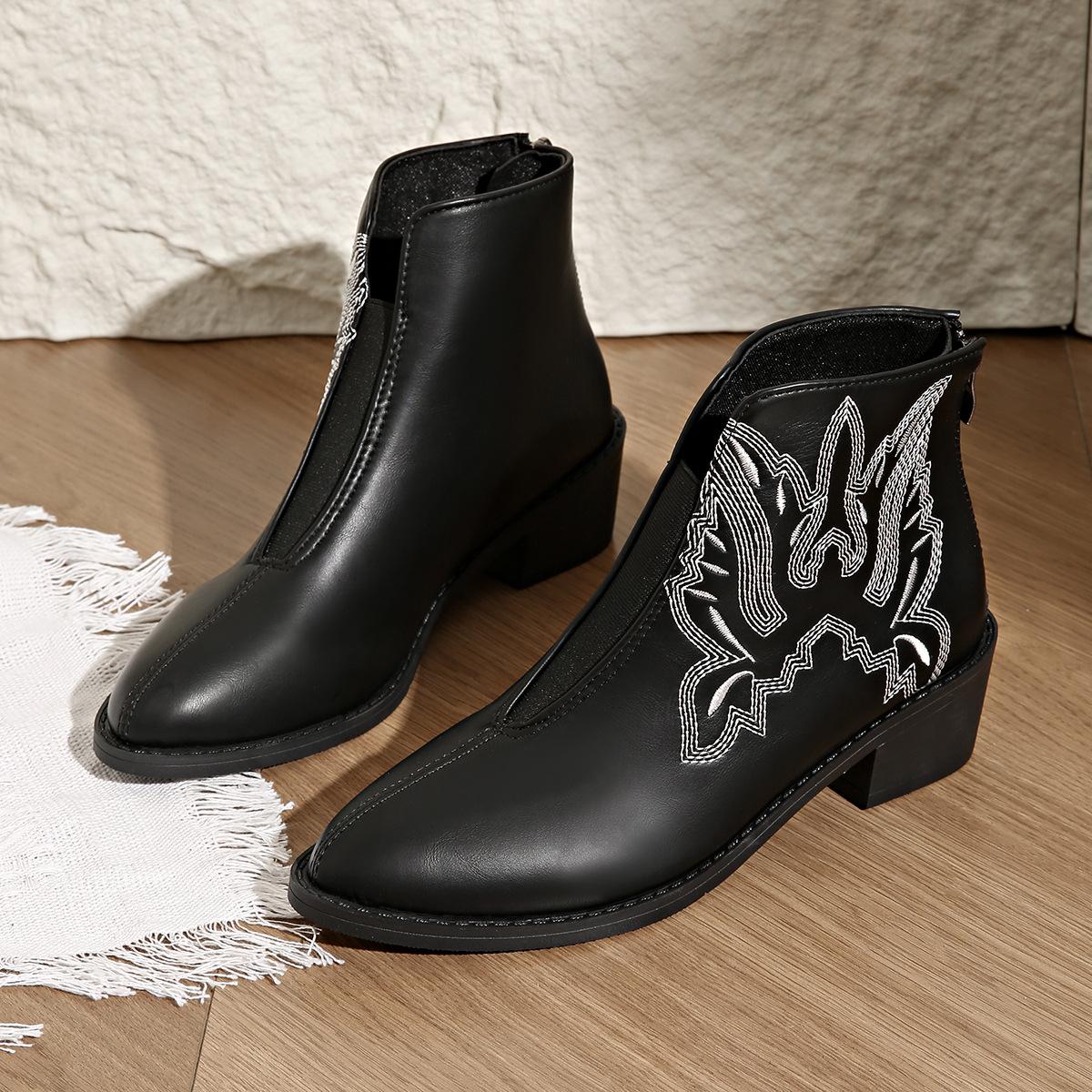

Женские ковбойские сапоги в стиле вестерн с вышивкой, острым носком, вырезом, ботильоны для ковбойши с молнией, женские короткие ботинки на толстом блочном каблуке 36