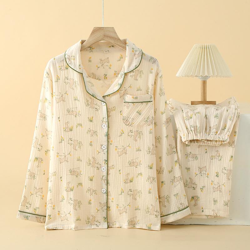 Women's 100% Cotton Gauze Pajama Set - Spring/Autumn Lapel Cardigan with Long Sleeve Top and Pants