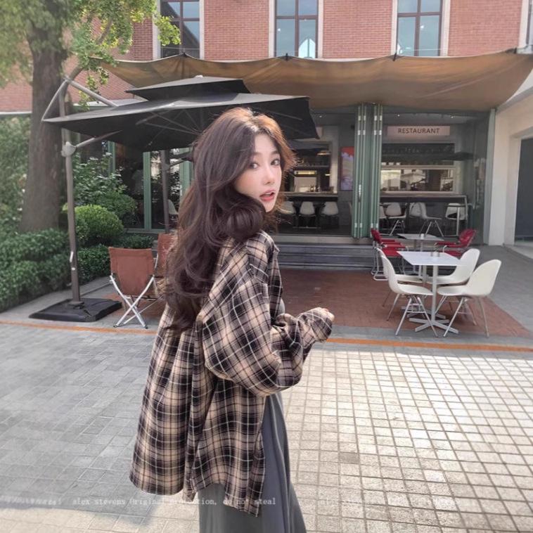 

2025 Women s Japanese Hong Kong Style Plaid Long-Sleeve Casual Shirt XL
