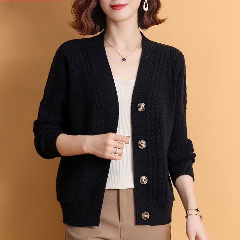 Women's Spring Autumn Patchwork V-neck Button Fashion Solid Color Loose Minimalist Casual Long Sleeve Knitting Tops