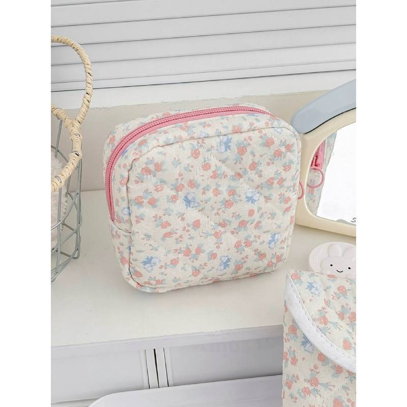 Rose Floral Cotton Makeup Bag With Breathable Storage For Daily Use