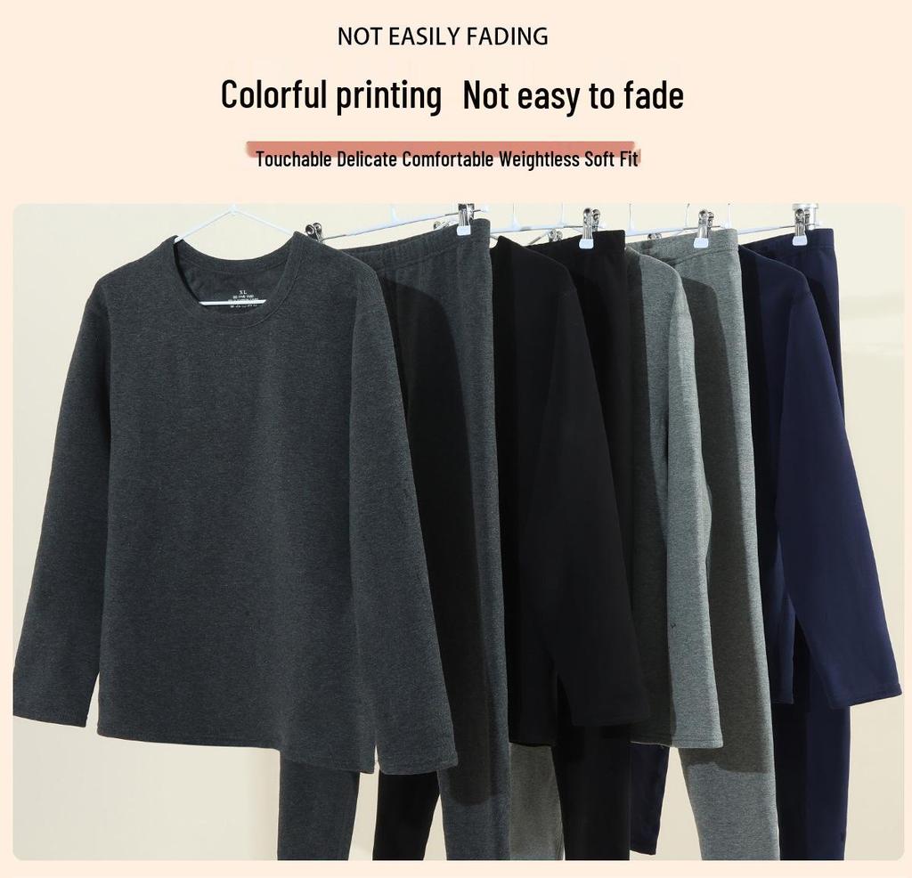 Men's and Women's Fleece-lined Crew Neck Warm Underwear Set: Heat-generating, Cold-proof, Pure Cotton for Autumn.