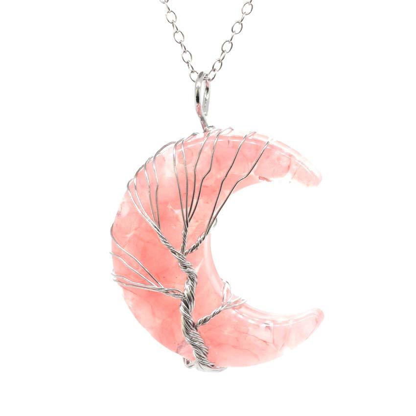 Moon Shape Tree Of Life Amethyst Pendant Necklace Women Handmade Wire Wrapped Healing Jewelry