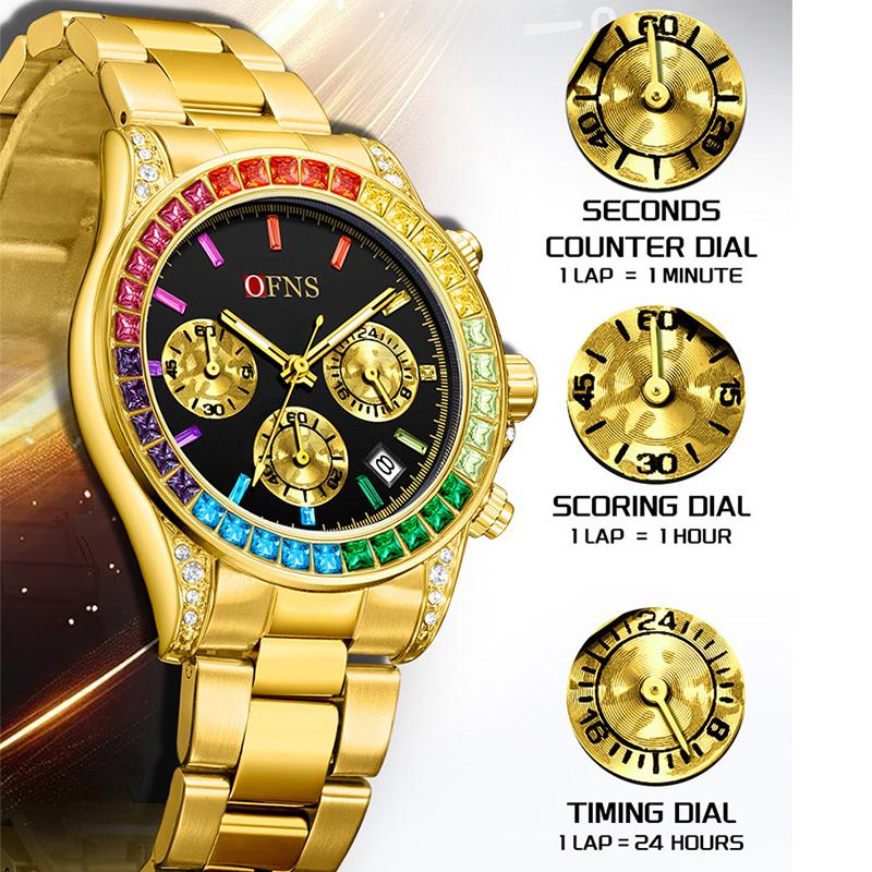 Quartz Luxury Mens Round Imitation Color Diamond Watches Movement Waterproof Men Wristwatches Week Display Male Clock