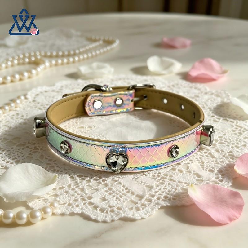 PU Leather Dog Collar Fish Rhinestone Reflective Adjustable Small Medium Large Dogs