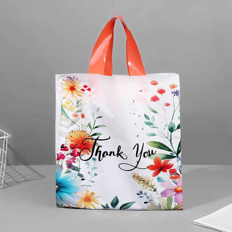 10pcs Thank You Gift Bag Floral Design Plastic Tote Bags for Wedding Birthday Party Gift Packaging Thanksgiving Christmas Favors